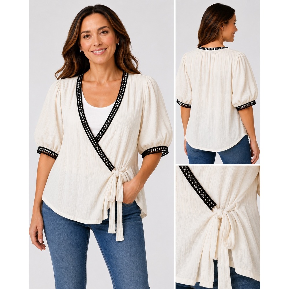Vince Camuto Womens 3X Ivory Crinkle Gauze Wrap Top Black Trim Puff Sleeve